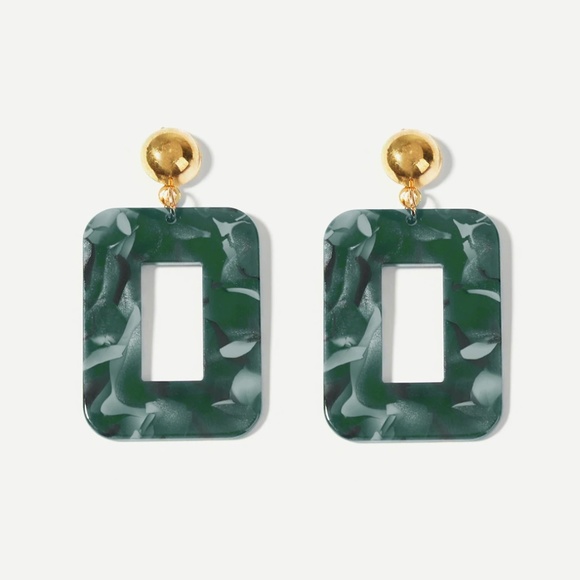 Jewelry - Green and Gold Marble Square Geo Drop Earrings